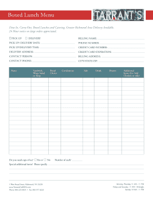 Tarrant's Cafe Catering Order Form
