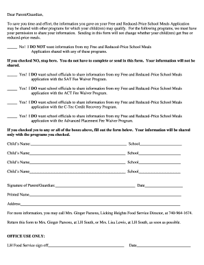 School Meals Application Permission Form
