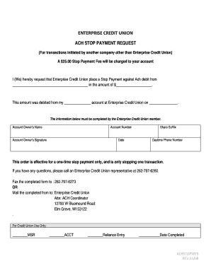 Enterprise Credit Union ACH Stop Payment Request
