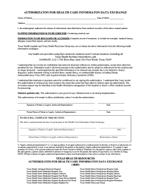 Authorization for Health Care Information Data Exchange
