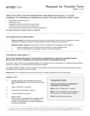 AMEB NSW Examination Transfer Request Form