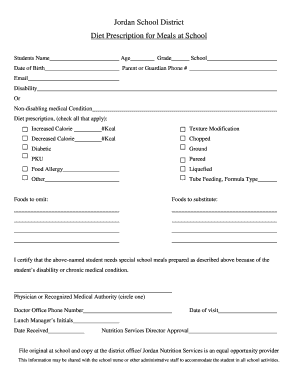 Jordan School District Diet Prescription Form