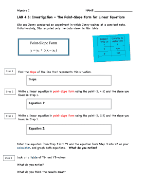 Algebra I Lab 4.3 Point-Slope Form Worksheet
