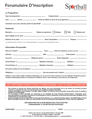Sportball Quebec Registration Form