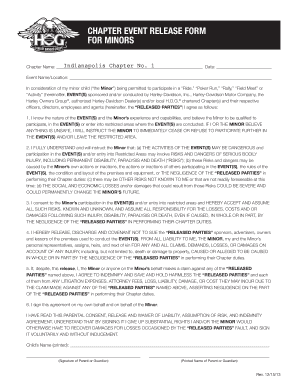 Harley-Davidson Chapter Event Release Form for Minors