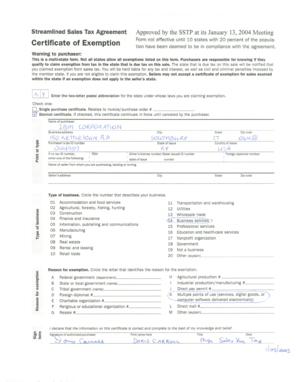 Streamlined Sales Tax Agreement Certificate of Exemption
