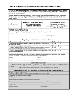 Form for Requesting Treatment as an Assistance Eligible Individual