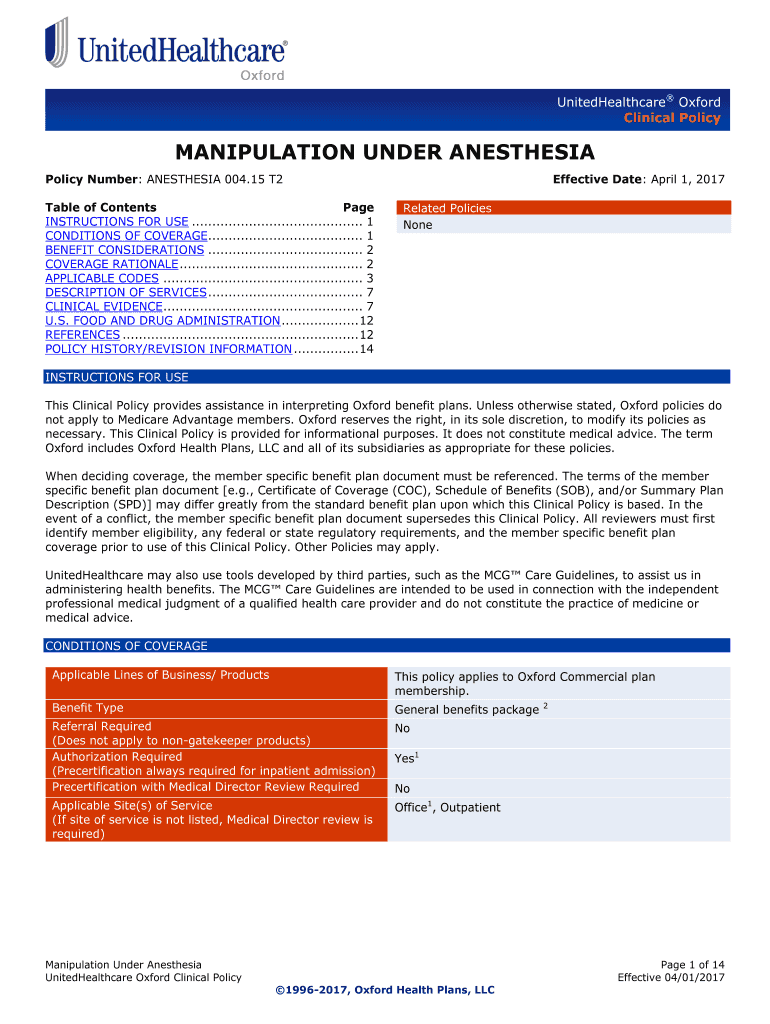 Fillable Online MANIPULATION UNDER ANESTHESIA Fax Email Print pdfFiller