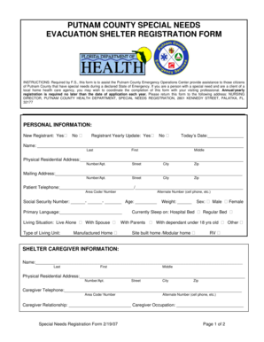 Putnam County Special Needs Evacuation Shelter Registration Form
