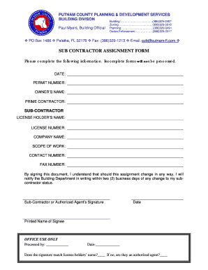 SUB CONTRACTOR ASSIGNMENT FORM - Putnam County