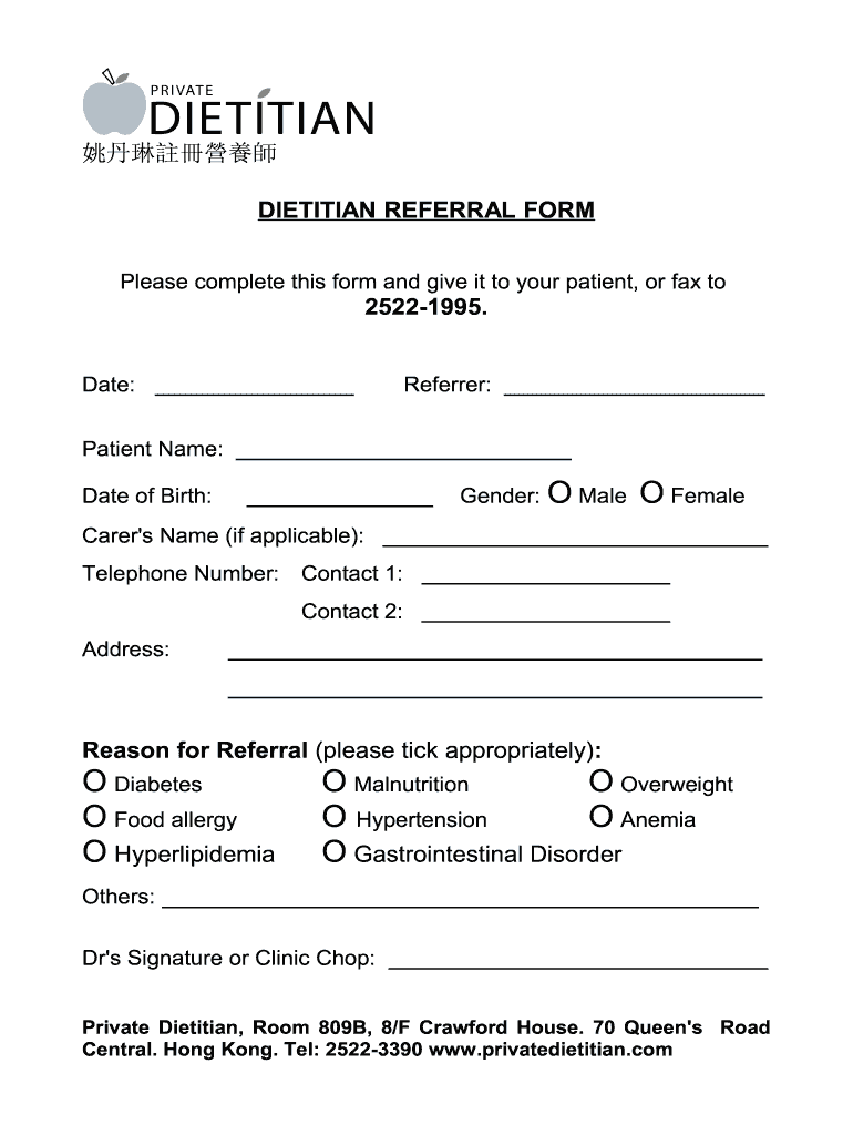 dietitian referral form template Preview on Page 1