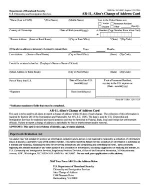 US AR-11 Alien's Change of Address Card