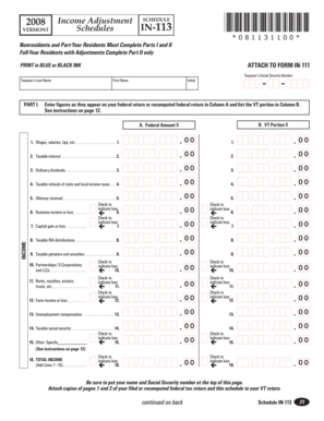 Vermont Income Adjustment Schedule IN-113