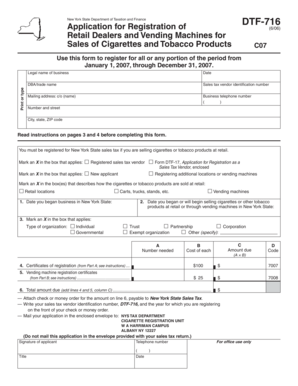 New York Cigarette and Tobacco Registration Form DTF-716