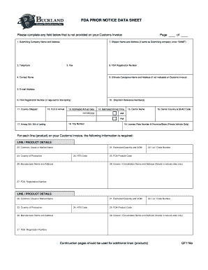 FDA Prior Notice Data Sheet