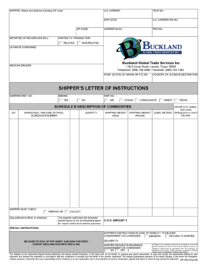 US Customs Shipper Letter of Instructions