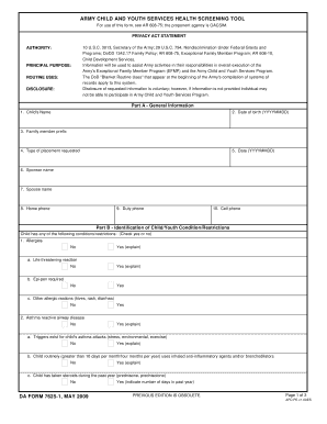 Army Child and Youth Services Health Screening Tool