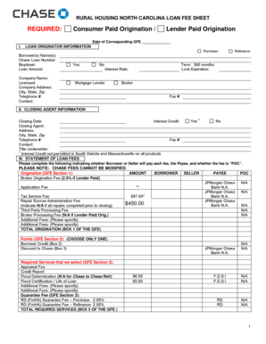 North Carolina Rural Housing Loan Fee Sheet