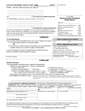 Wisconsin Small Claims Summons and Complaint