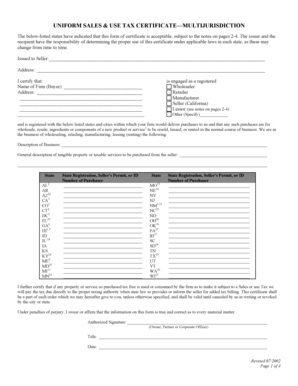 Uniform Sales & Use Tax Certificate