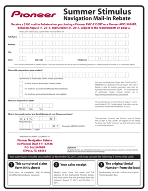 Pioneer Navigation Mail-In Rebate Form