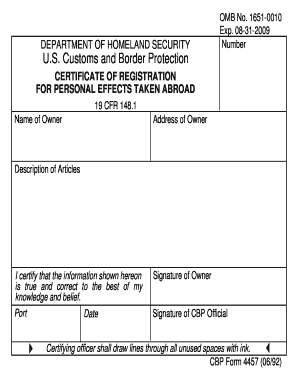 CBP Form 4457 Certificate of Registration