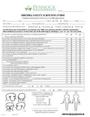 MRI/MRA Safety Screening Form