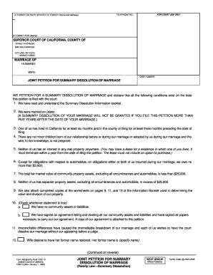 California Joint Petition for Summary Dissolution of Marriage