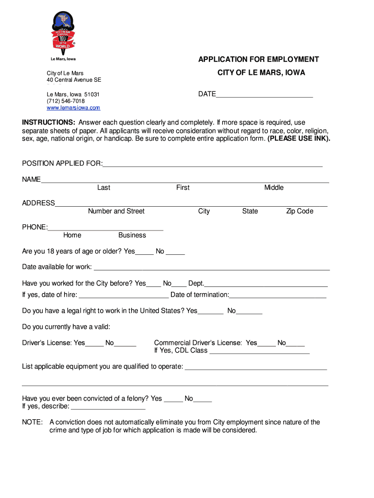 Fillable Online Municipal Job Application Le Mars, Iowa Fax Email Print pdfFiller