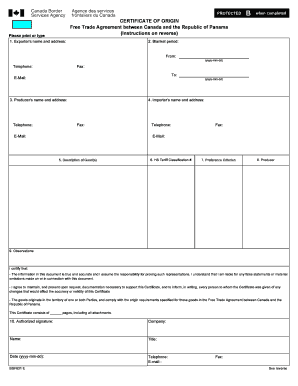Canada-Panama Free Trade Agreement Certificate of Origin