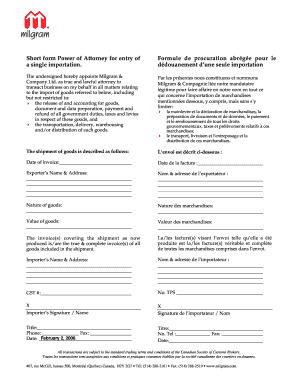 Short Form Power of Attorney for Single Importation