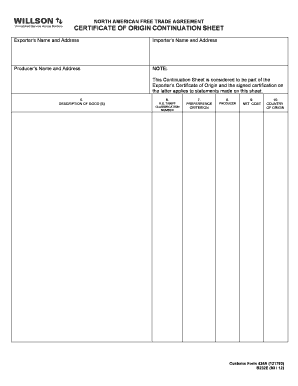 NAFTA Certificate of Origin Continuation Sheet