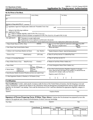 US Immigration Employment Authorization Form I-765