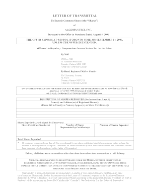 Letter of Transmittal for Algoma Steel Inc. Shares