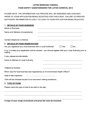food hygiene questionnaire