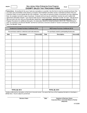 New Jersey Urban Enterprise Zone Exempt Sales Tax Tracking Form