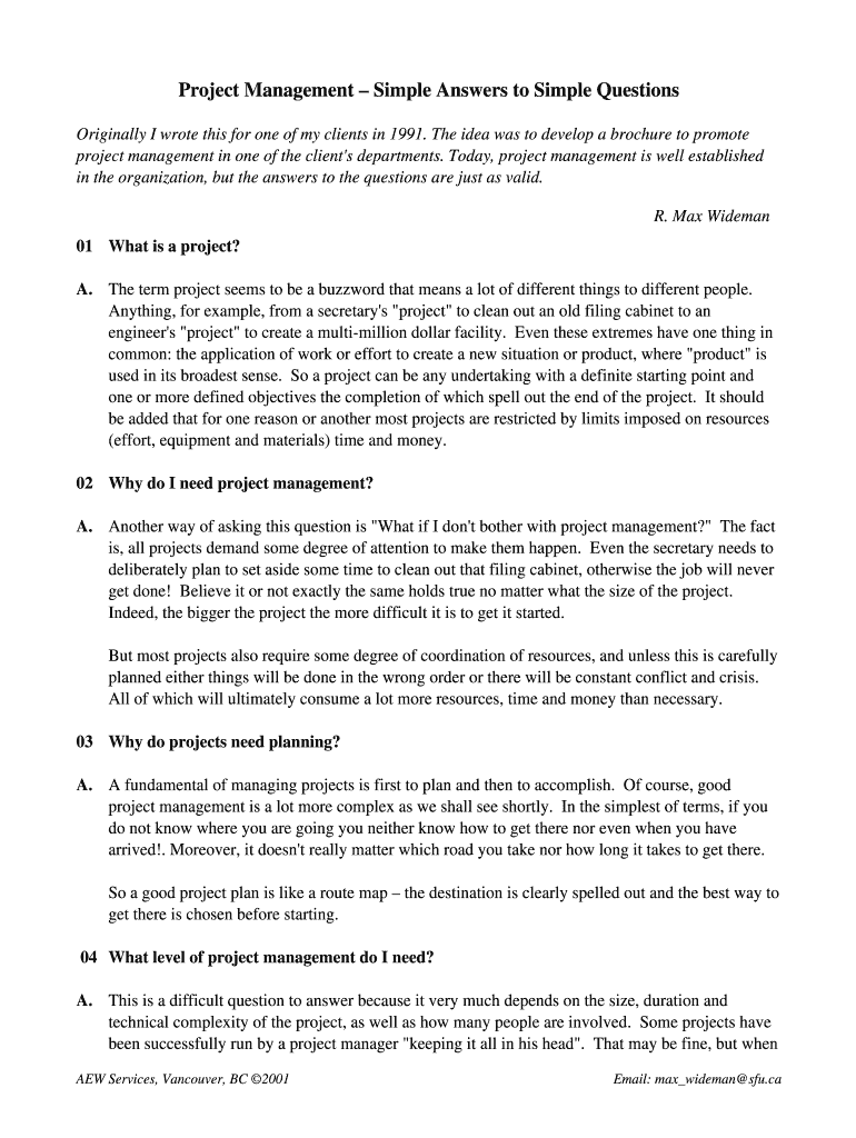 Fillable Online Project Management – Simple Answers to Simple Questions ...