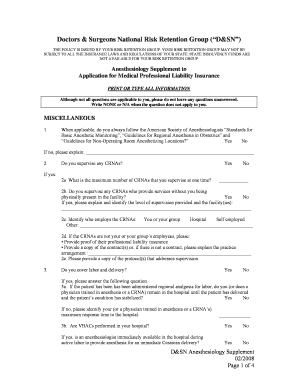 Anesthesiology Supplement to Application for Medical Professional Liability Insurance