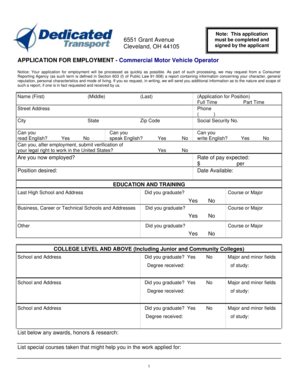 Application for Employment - Commercial Motor Vehicle Operator