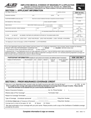 Employee Medical Evidence of Insurability Application
