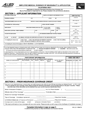 Employee Medical Evidence of Insurability Application
