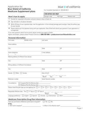 Blue Shield of California Medicare Supplement Application
