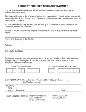 Fillable Online REQUEST FOR IDENTIFICATION NUMBER - Regal Contractors ...