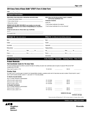 2014 Iowa Tests of Basic Skills Form A Order Form