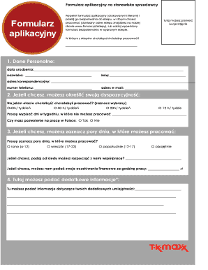 Job Application Form for Sales Position at TK Maxx