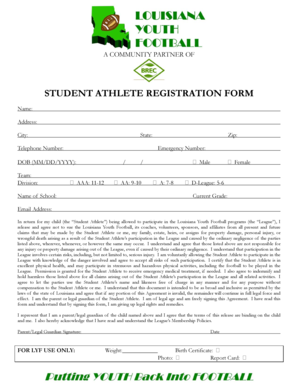 Louisiana Youth Football Student Athlete Registration Form