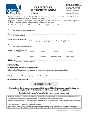 Victoria Birth Death Marriage Authority Form