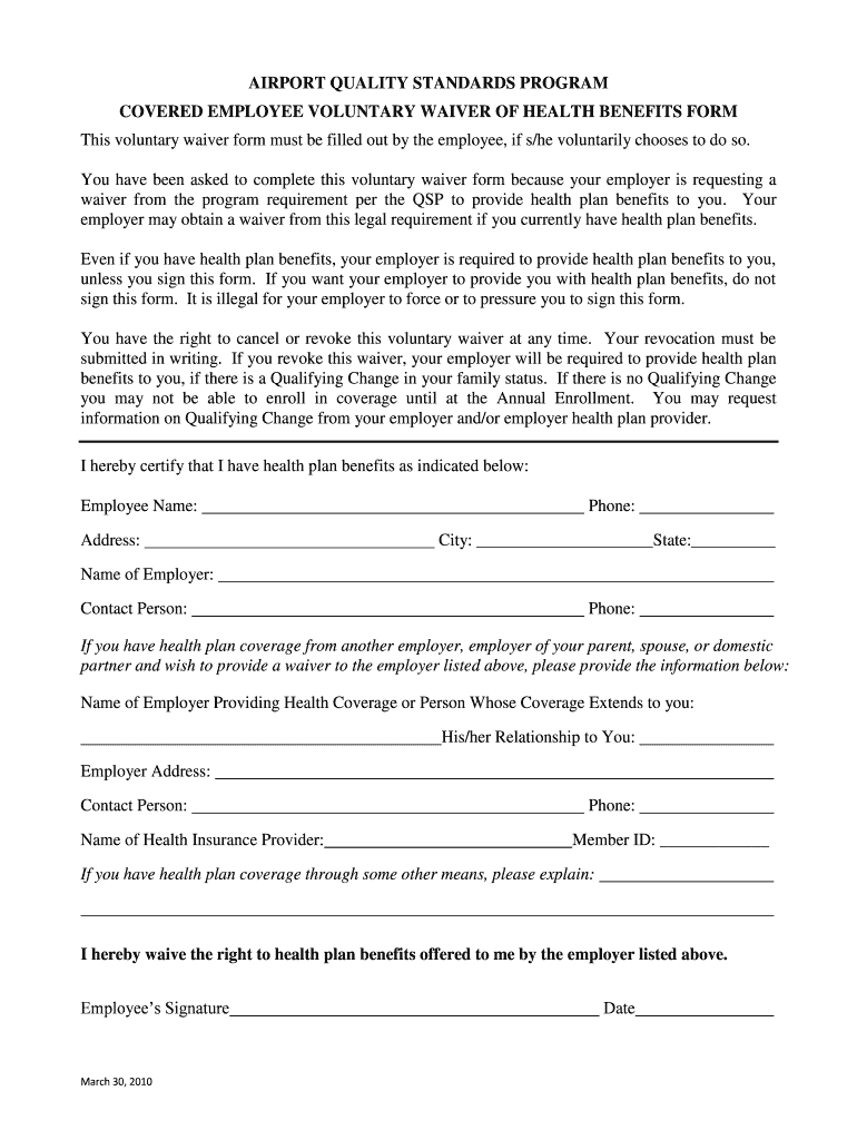 Fillable Online Quality Standards Program Covered Employee Voluntary Waiver of Fax Email
