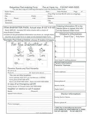 Babysitter Pad Order Form