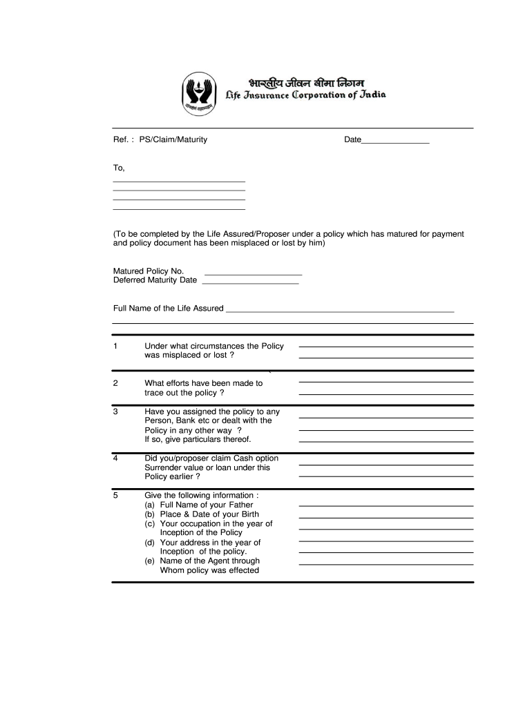 lic policy bond lost affidavit format pdf